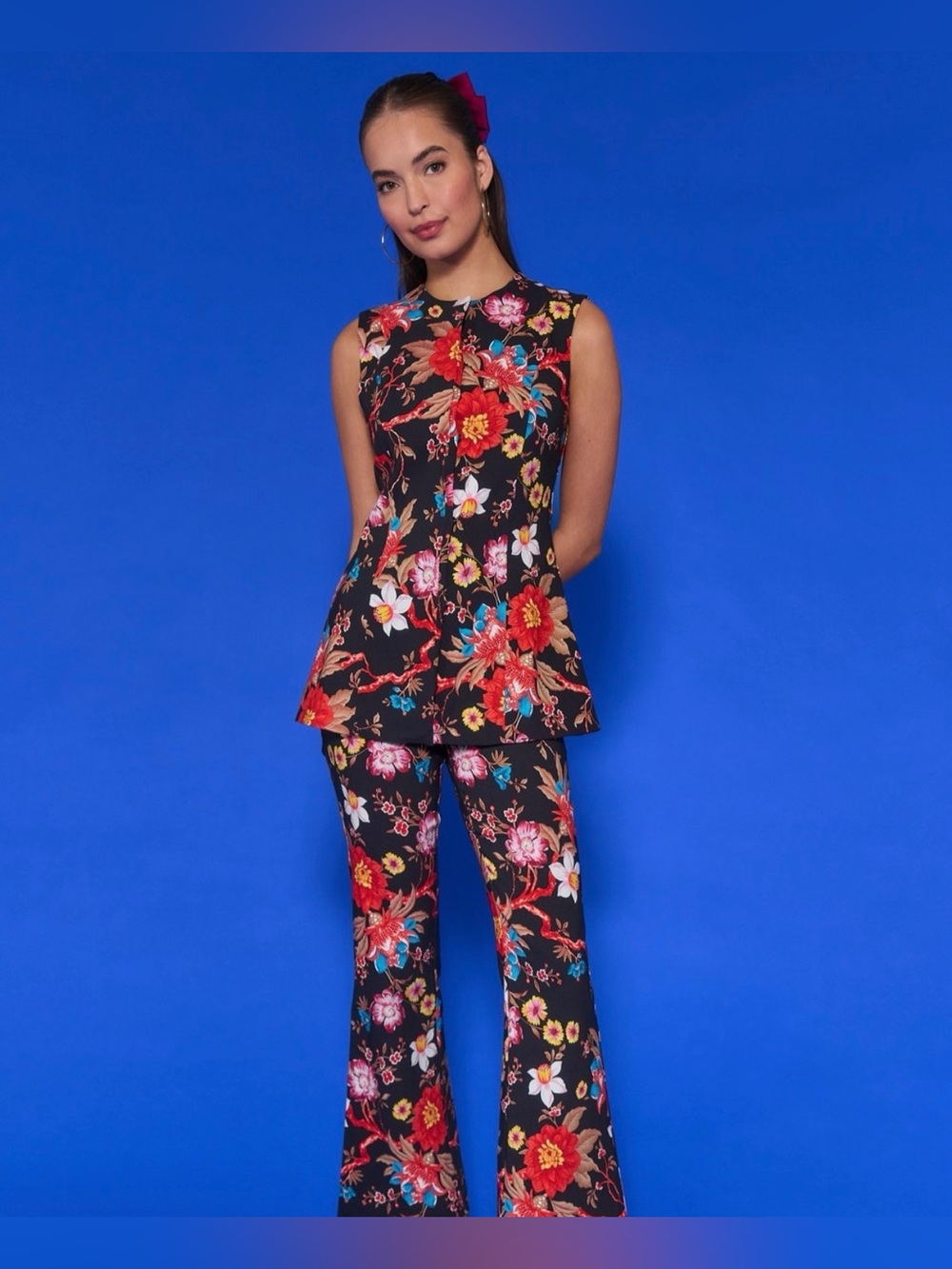 Avara Floral Sleeveless Tunic & Flared Pants Set - Black Floral